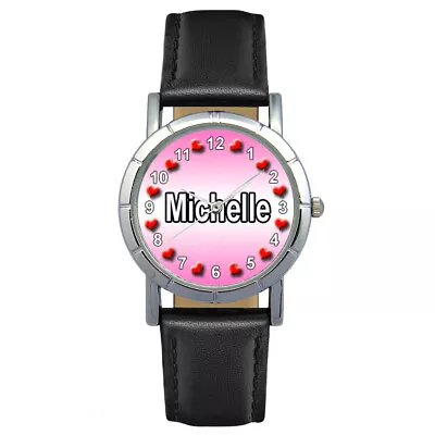 Name - Michelle Mens Ladies Black Genuine Leather Band Quartz Wrist Watch SA1598 • $18.64