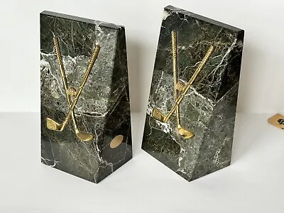 Vintage Solid Black Marble & Brass Golf Club Noymer Bookends MI Pakistan • $54