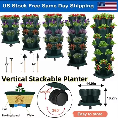  3-7 Tier Vertical Planters Stackable Planter Green Garden Tower Pot W/ 4 Wheels • $31.86