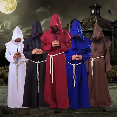 Halloween Adult Mens Monk Cosplay Robe Cloak Cape Friar Medieval Priest Costume • £6.57