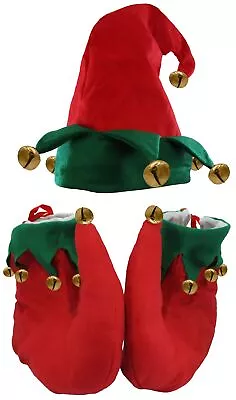 Unisex Adult Red And Green Elf Hat & Shoes Jingle Bells Holiday Costume Set • $19.60