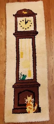 Latch Hook Grandfather Clock Rug Decor  20x60  Cat Mouse Clean Cottage Core Vtg  • $36.99