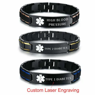 New Mens Luxury Medical Alert ID Bracelet Stainless Steel Free Laser Engraving • $10.94