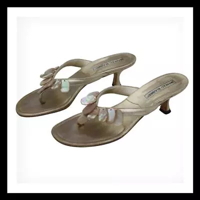 Manolo Blahnik Mother-of-pearl Mop Metallic Sandal Kitten Heel Shoe 36 • $53.10
