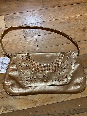 $55 • Buy Treesje Vintage Leather Rhinestone Studs Metallic Gold Handbag NWT
