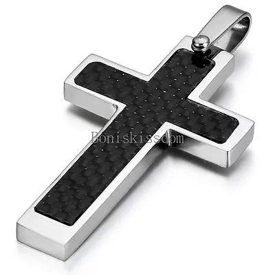 Men's Silver Stainless Steel Black Carbon Fiber Cross Pendant Necklace 22  Chain • $8.99