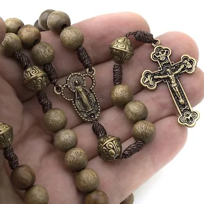 Catholic Rosary Beads Wood Strong Cord Miraculous Center Men Women Brown • $18.95