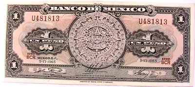 1965 Mexico 1 Peso AU+ Unc  Serie BCR Paper Money Mexican Currency Banknote P-59 • $4.50