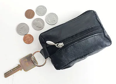 Black Genuine Leather Mens Coin Purse  Change Holder Front Pocket Key Ring • $10.81
