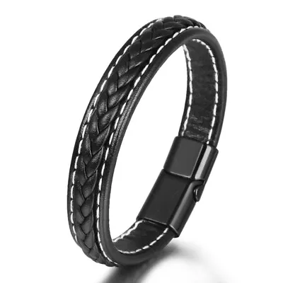 Mens Leather Braided Bracelet Wristband Stainless Steel Clasp Jewellery Gifts W • £2.89