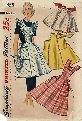 Bib Apron Full Or Half Apron 4 Styles Simplicity 1358 Vtg 1955 Sewing Pattern • $6.50