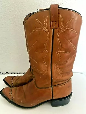 Vtg 9.5 D Natural Brown Leather ACME COWBOY BOOT Wingtip Lizard Tooled Stacked 1 • $40.37