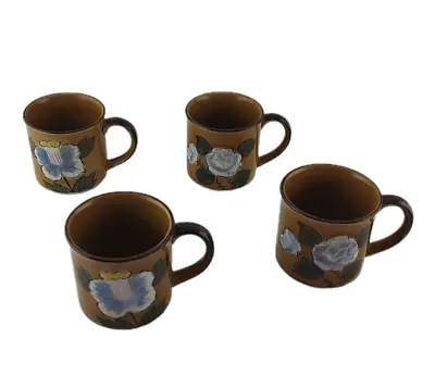 Set Of 4 70's Vintage Coffee Mug Teacup Floral Stoneware Brown Unbranded • $13.58