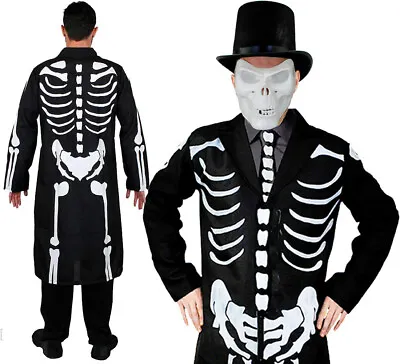 James Bones Costume With Skull Mask Hat Long Skeleton Coat And Tie Fancy Dress • £31.59