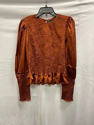 Asos Design Womens Pullover Satin Top Copper Round Neck All Over Shirring Size 6 • $20.46