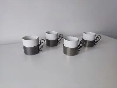 £14.99 • Buy Vintage French LR Etain Espresso Small Coffee Cups With Metal Holders Set Of 4
