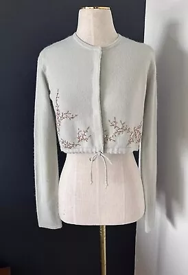 Vintage Free People Y2K Floral Embroidered Beaded Knit Cardigan Cropped Sz L *S? • $34.99