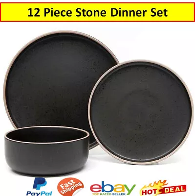 $88 • Buy 12 Piece Stone Dinner Set Stoneware Dining Gift Set Meals Plates Bowls Black Kit