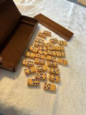 $25 • Buy Vintage  Butterscotch Bakelite Dominoes Lot Of 28 And Cribbage Board TRAVEL SIZE