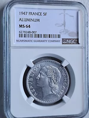 France 5 Francs 1947 Aluminum NGC MS 64 • $60