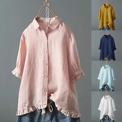 Summer Womens Cotton Blend Tunic Blouse Tops Ladies Short Sleeve Shirt Plus  W9 • £15.29