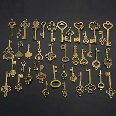 $4.50 • Buy 40X Antique Vintage Keys BIG Large Old Brass Skeleton Lot Cabinet Barrel Lock