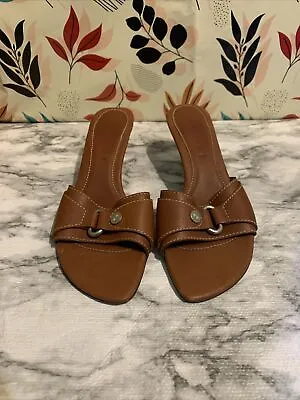 Celine Vintage Y2K Cognac Brown Leather Kitten Heel Slide On Sandals Size 9.5 • $99.59