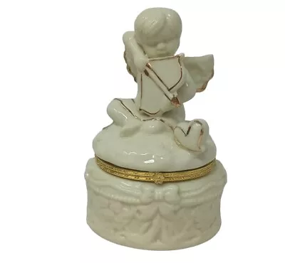 Vintage Cupid Porcelain Trinket Jewelry Box  Hinged White Gold Angel Valentines • $10.99
