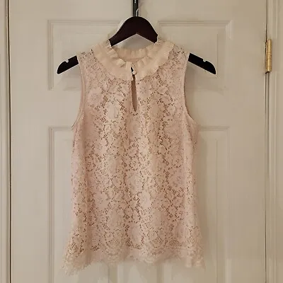 J Crew Lace Ruffle Neck Top Size Small Ivory Lace Sleeveless Keyhole Neck Blouse • $19.94