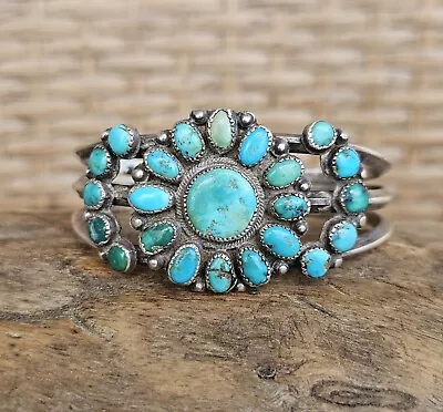 Vintage Navajo Native American Turquoise Cluster Silver Cuff Bracelet • $90