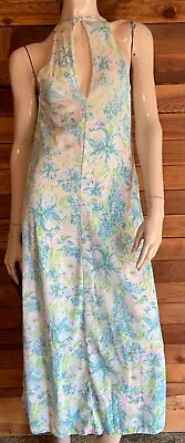 Vintage Size Petite Aqua Floral Nylon Nightgown    #10809 • $29.95