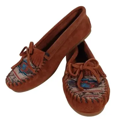 Minnetonka Women's Size 8 EL PASO II Brown Suede Moccasins Southwest Fabric Toe • $29.99