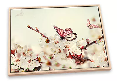 Butterfly Cream Floral Flowers CANVAS FLOATER FRAME Wall Art Print Picture • £36.99