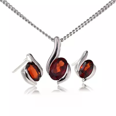 Natural Garnet Necklace Earring Set Sterling Silver Red Gemstones Handmade Boxed • $94.74