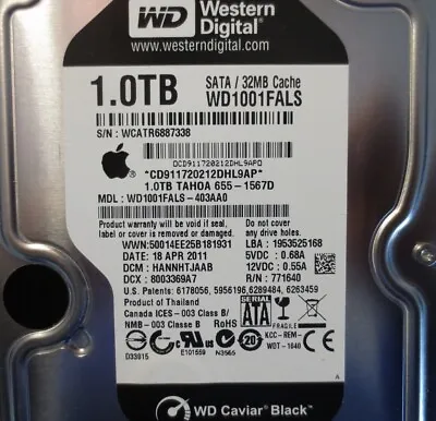 For Parts Only WD WD1001FALS-403AA0 DCM:HANNHTJAAB Apple#655-1567D 1.0TB Sat • $45.51