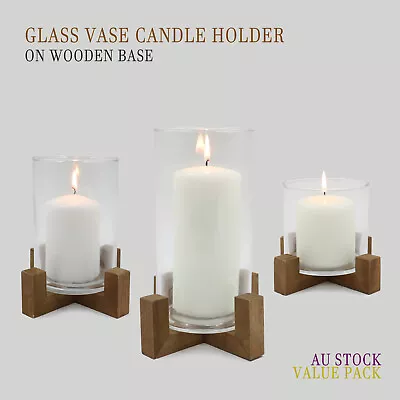 Glass Vase Candle Holders On Wooden Base Brooks Cross Bar Wedding Home Decoratio • $48.89