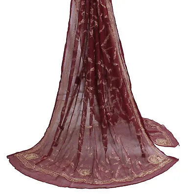 Sushila Vintage Maroon Dupatta Pure Chiffon Silk Hand Beaded Zardozi Long Stole • $34.49