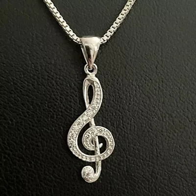 Music Note Charm Round Cut Simulate Diamond Necklace In 14k White Gold Finish • $103.49