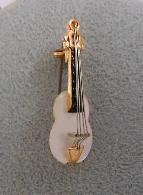 Vintage Miniature Violin Gold Tone With Mother Of Pearl Brooch Pin  New • $14.95