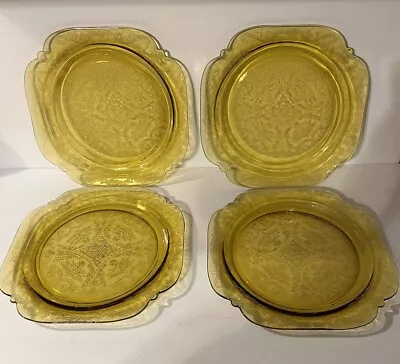 SET Of 4 Federal Amber Yellow Depression Glass MADRID Square Dinner Plate 10.25” • $29.99