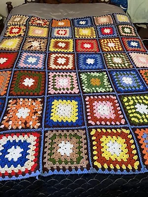 Vintage Afghan Granny Square Crocheted Rosanne-style 63”x 52” Multi-Colored • $29.99