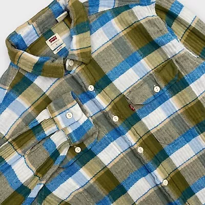 $70 Levis Shirt Mens Large Relaxed Worker Plaid Herringbone Woven Cotton Hemp • $27