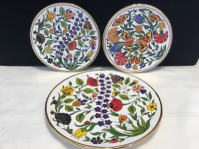 3 Manousakis Keramik Rodos Greece Color Enameled Flowers Butterflies Plates (V3) • $20.99