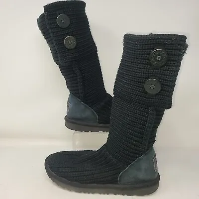 UGG Classic Cardy Knit Boots Womens Size 6 Black Button Slouch Winter • $36.67
