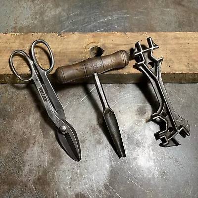 Antique Tool Lot Tin Shears Hand Auger Buggy Wrench • $15