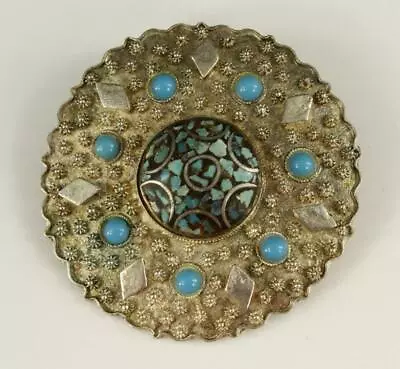 Vintage Costume Jewelry Alpaca Turquoise & Blue Glass Ethnic Brooch Pin 2  Wide • $16.61