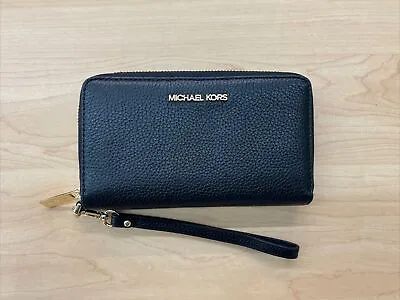 Michael Kors Jet Set Travel Large Phone Case Leather Wallet Wristlet Black • $39.99