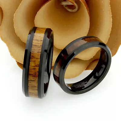 Tungsten Wedding Band Set 8mm 6mm Hawaiian Koa Wood Inlay Tungsten Ring Set • $95