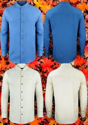 Mens Classic Long Sleeve Casual Plain Shirt With Mandarin/Banded/Grandad Collar • £8.99