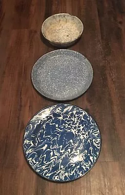 Lot 3 VTG Blue White Swirl Graniteware Enamel Ware Pie Pan Plate Vintage • $39.95